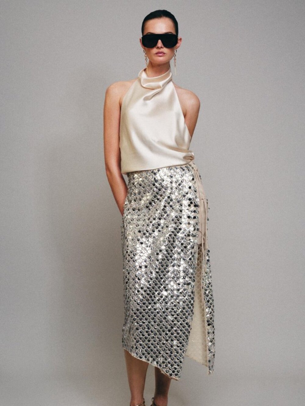 ZARA ASYMMETRIC SEQUIN MIDI SKIRT